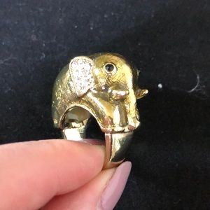 Brass Elephant ring with black stone and crystal